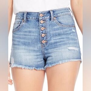 Rewash Button Front Soft Super High Rise Wedge  Distressed Denim Shorts 00/23